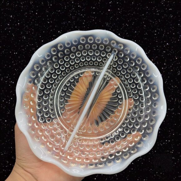 Vintage 1940s Moonstone White Opalescent Hobnail Divided Dish Candy Nuts Relish - Picture 1 of 11